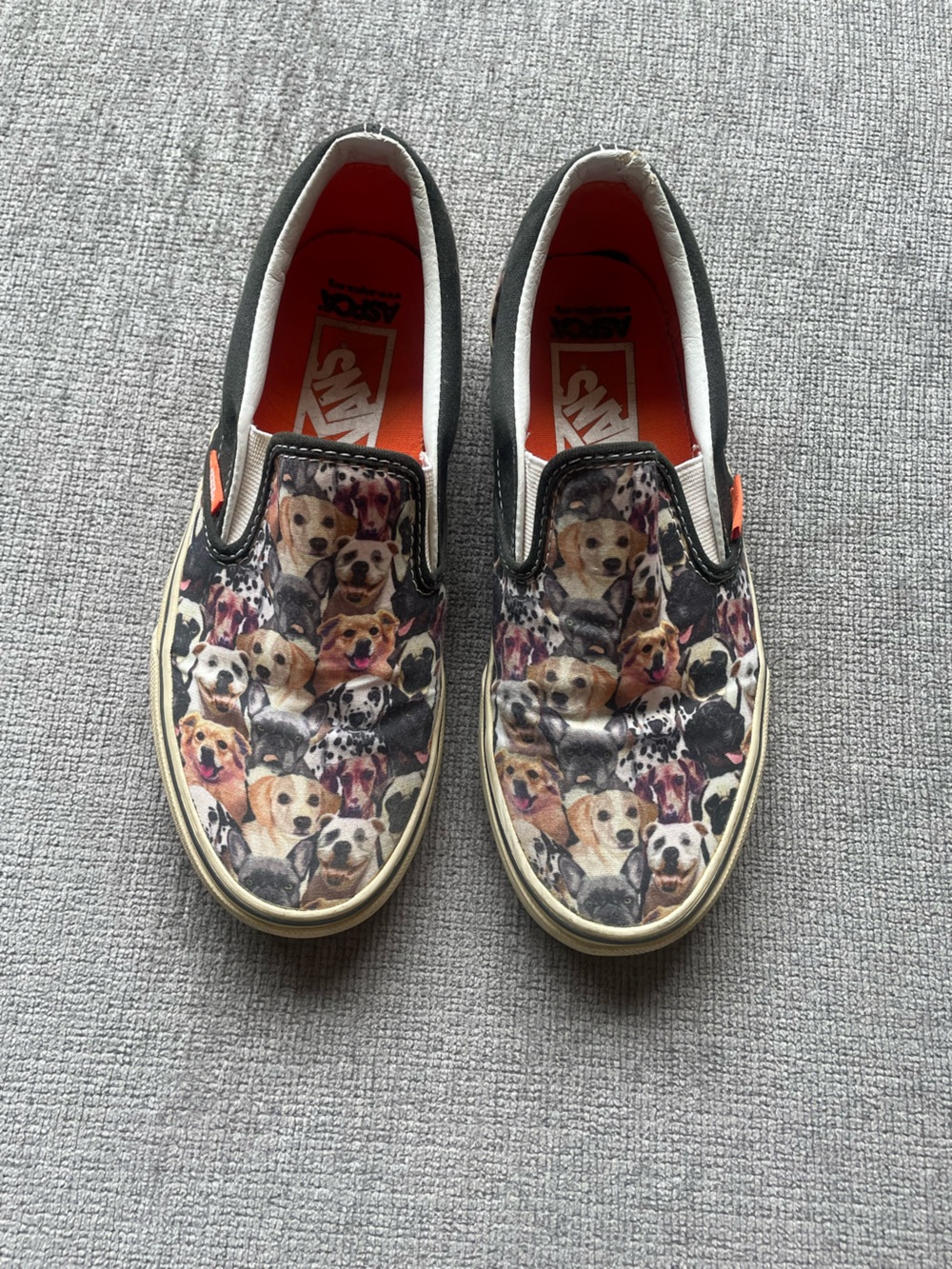 Vans Slip-On Sneakers with Black Trim and Cream Sole, Multicolor Dog Print
